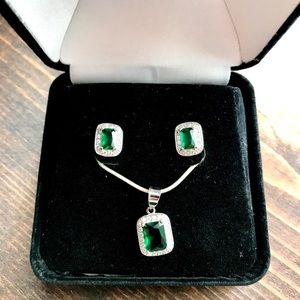 Emerald Sterling Silver Earrings and Necklace Set